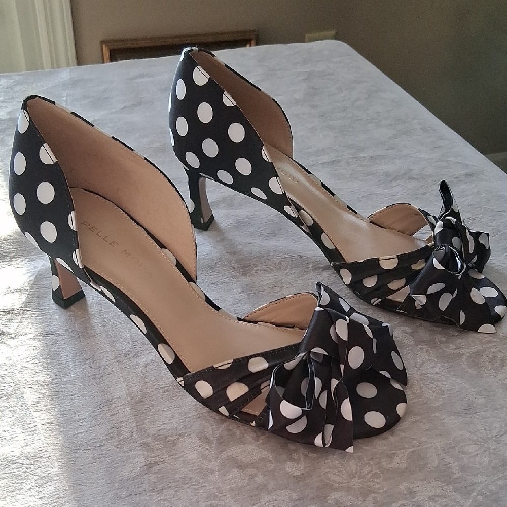 Pelle Moda Black and White Polka Dot Mid-Heel D'Orsay Pumps with Bow